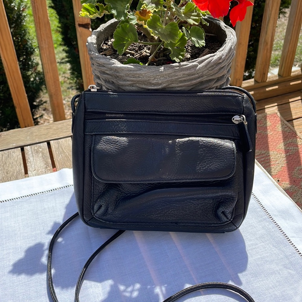 Fossil black leather crossbody, 23 inch strap
